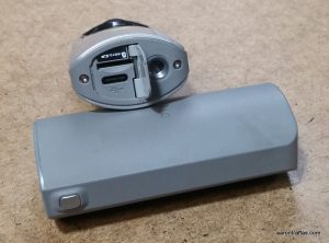 The bottom hatch on the LG 360 CAM reveals the SD card slot and USB Type-C port